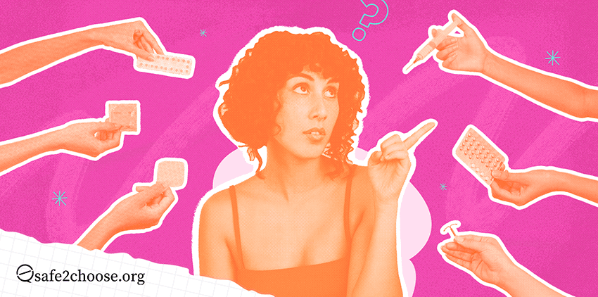Illustration of a thoughtful woman surrounded by multiple orange hands offering different contraceptive methods like pills, patches, IUD, and injection