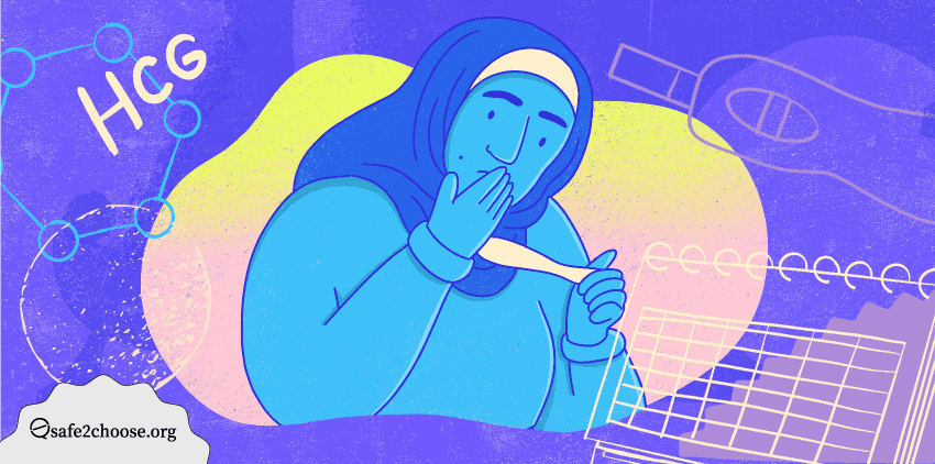 A woman wearing a hijab is holding a positive pregnancy test while covering her mouth in surprise. 