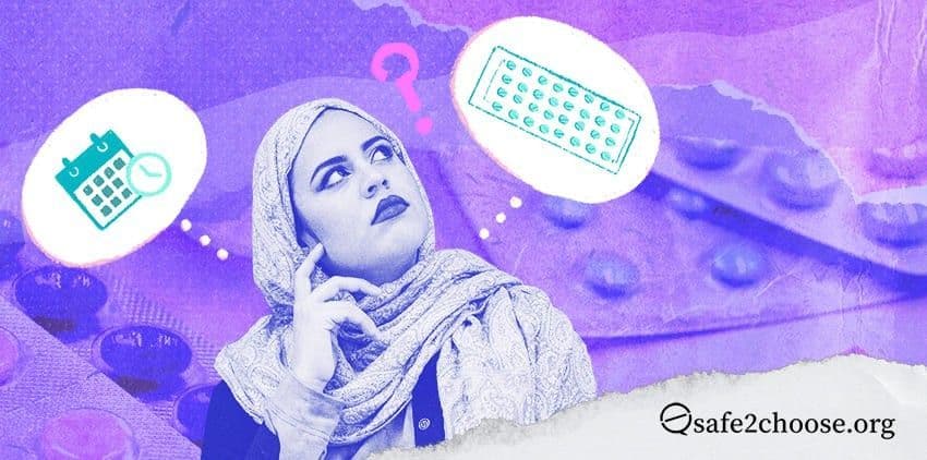 Mulher de hijab pensando em pilulas anticoncepcionais e no ciclo menstrual