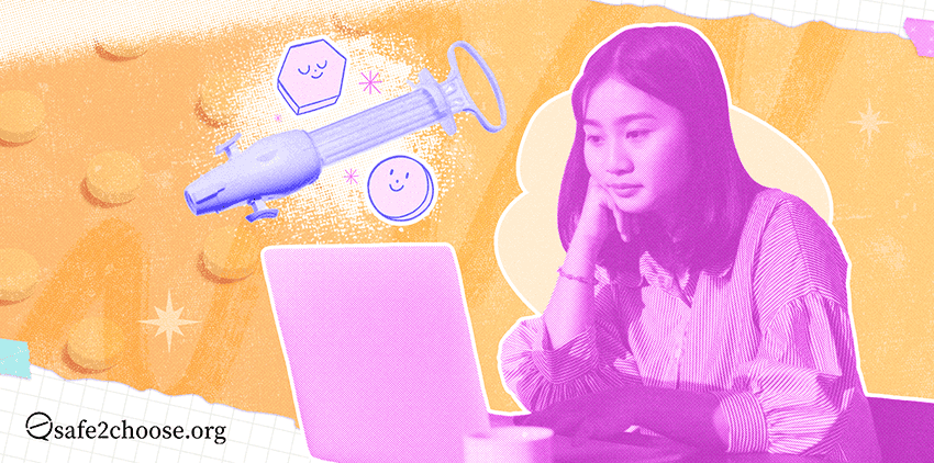 Jovem olhando para um laptop, com icones de uma seringa, rostos sorridentes e a marca do site safe2choose.org, simbolizando o acesso online a informacoes sobre aborto.