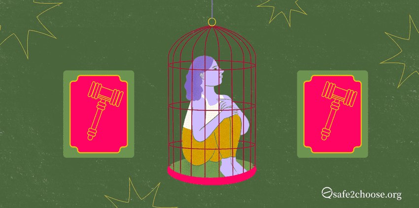 Illustration of a woman sitting in a birdcage with judicial symbols in the background, symbolizing restricted abortion access in Brazil